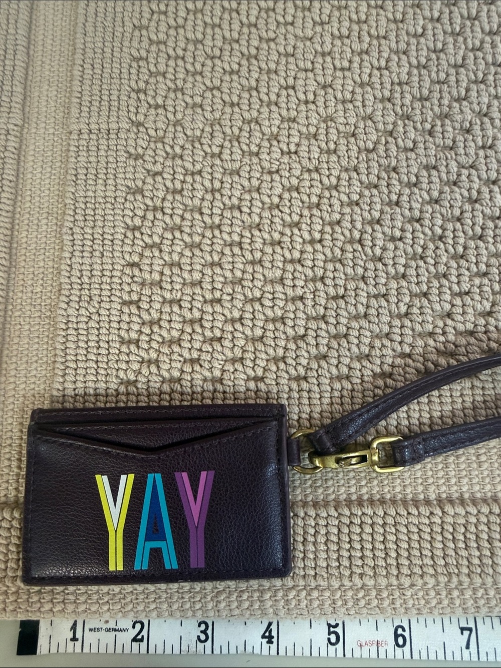 Fossil Black Leather Wristlet Card Holder with Colorful YAY Graphic